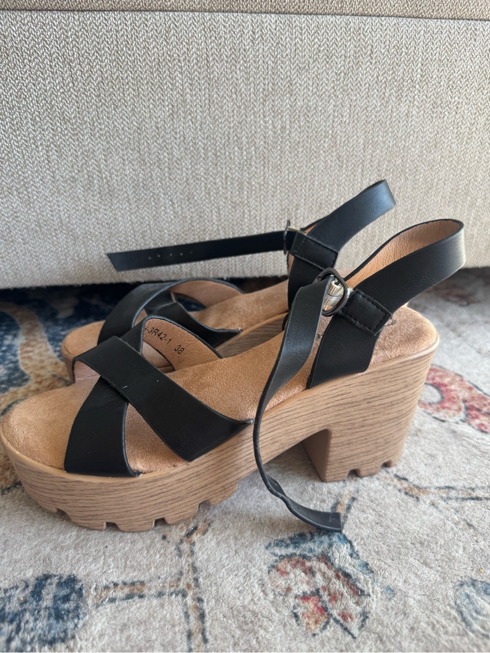 Nasty Gal Black Platform Sandals with Wood-Effect Chunky Heel